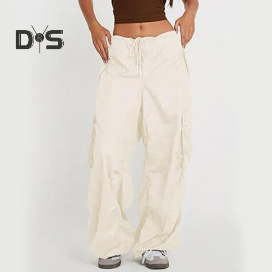 Dámské cargo kalhoty nastavitelné stahovací šňůrkou široké nohavice letní kalhoty s mnoha kapsami nízký pas jednobarevné dlouhé kalhoty