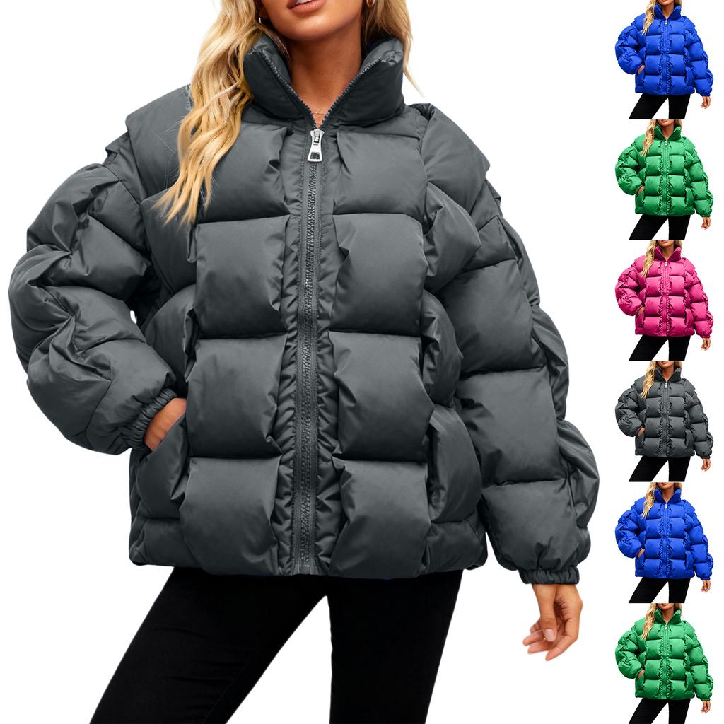Ladies' Loose Comfortable Casual Fashionable Stand Up Collar Solid Color Long Sleeved Down Jacket