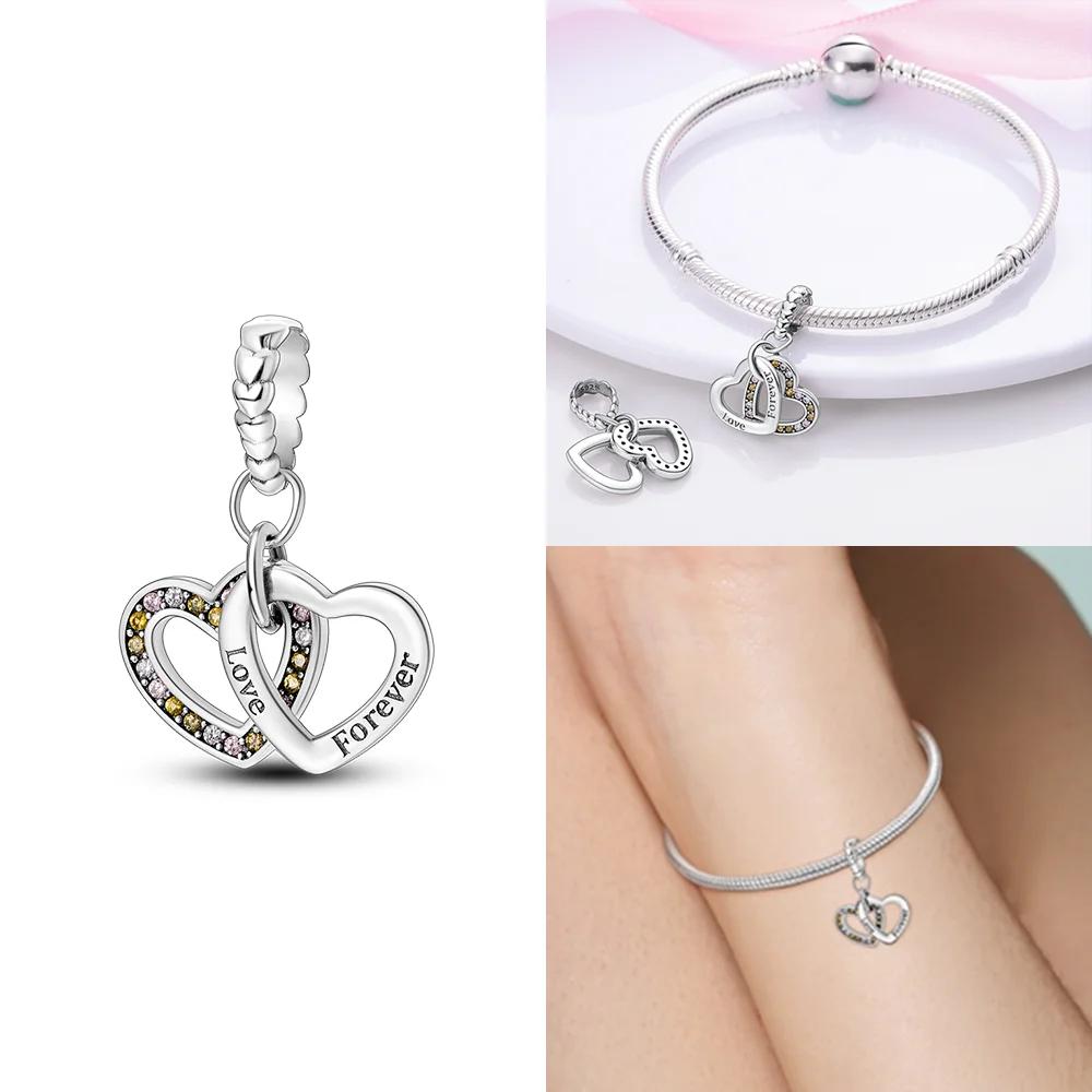 Pink Family Love Heart Charm Original Copper Beads Fit Pan Bracelet Diy Sister Mother Friendship Pendant Fine Gift Jewelry