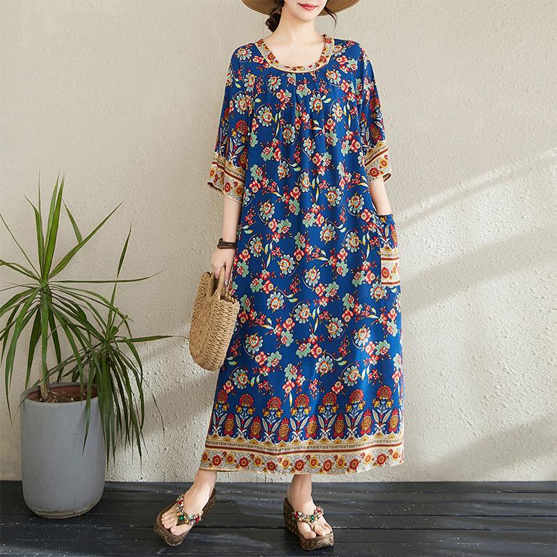 DIMANAF New 2026 Women Plus Size Summer Beach Lady Vintage Floral Long Dress Loose Oversize Maxi Print Sundress Clothing
