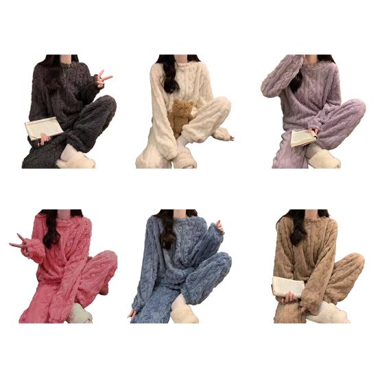 Set Pigiama da Donna in Pile Morbido e Soffice Pullover a Coste Set da Notte Due Pezzi Inverno Pjs Sherpa Sfocati Set Lounge