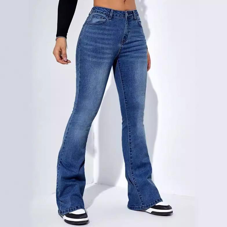 Woman High Waist Elastic Wide Leg Jeans Female Vintage Slim Fit Flare Pants Lady Denim Trousers
