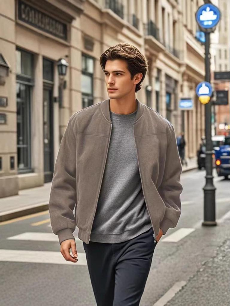 Men's Retro Suede Stand Collar Jacket - Loose Fit, Zipper Cardigan Coat, Trendy and Fashionable for Autumn/Winter