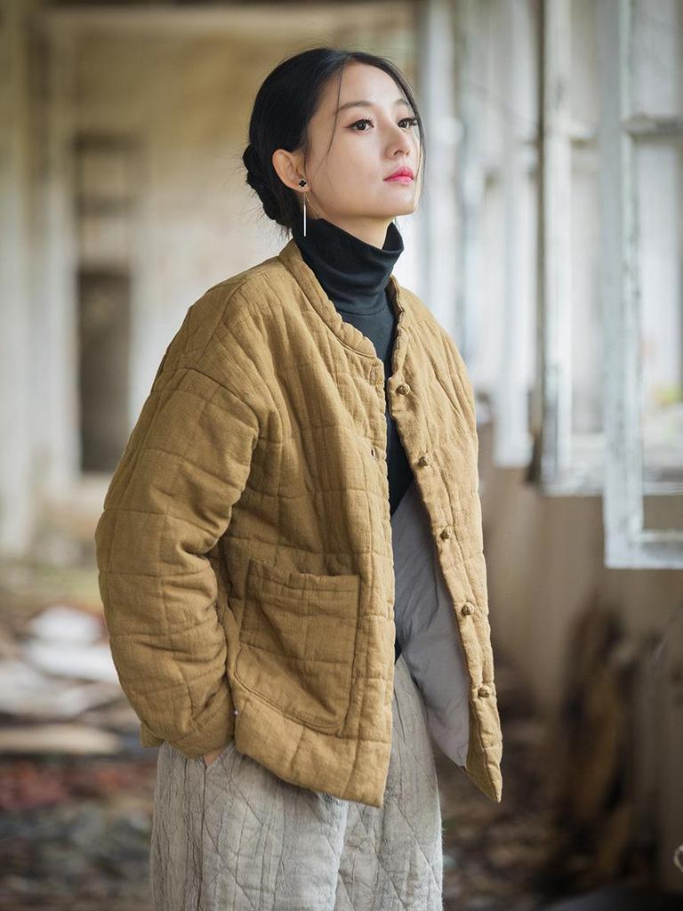Women's New Style Winter Quilted Plaid Cotton Jacket: Fashionable Literary Short Ramie Coat