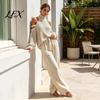 Cold Shoulder Knit Sweater Autumn Women Pants Set, & Wide Leg Breathable Spring Casual Wear Pants, Solid Color Long Sleeves Top Trousers Two