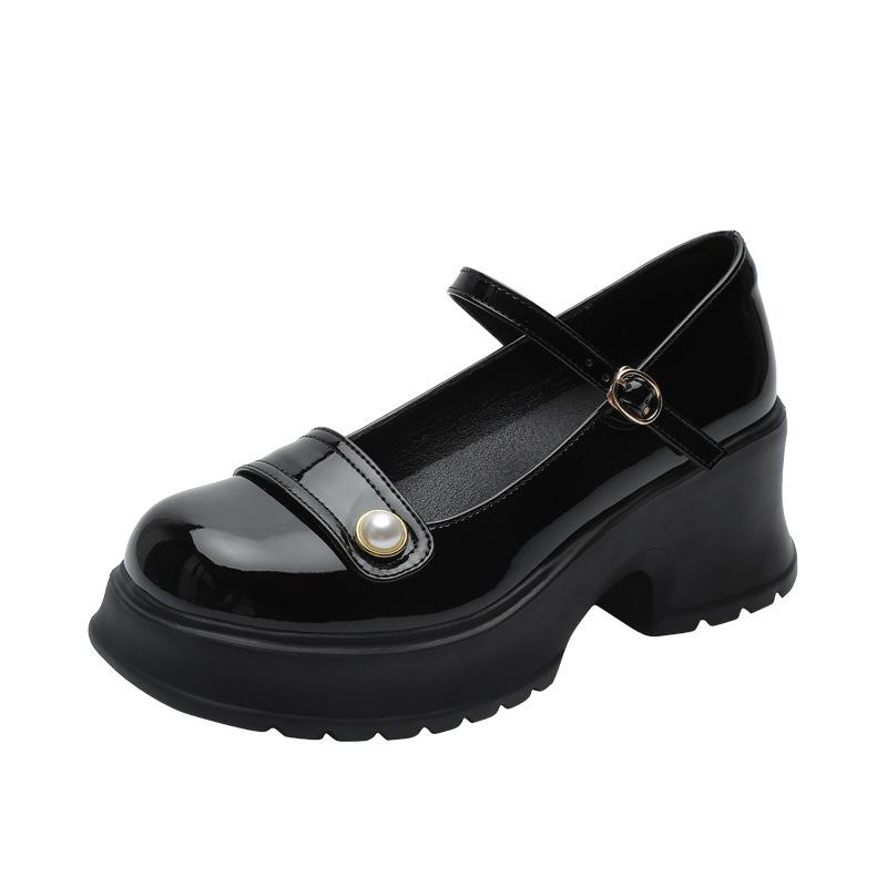 Mode Japanische Einzelne Schuhe Kleine Lederschuhe Damen Erhöhte Dicksohlige Hochhackige Flachmündige Ein-Wort-Schnalle mit Perlenzier Mary