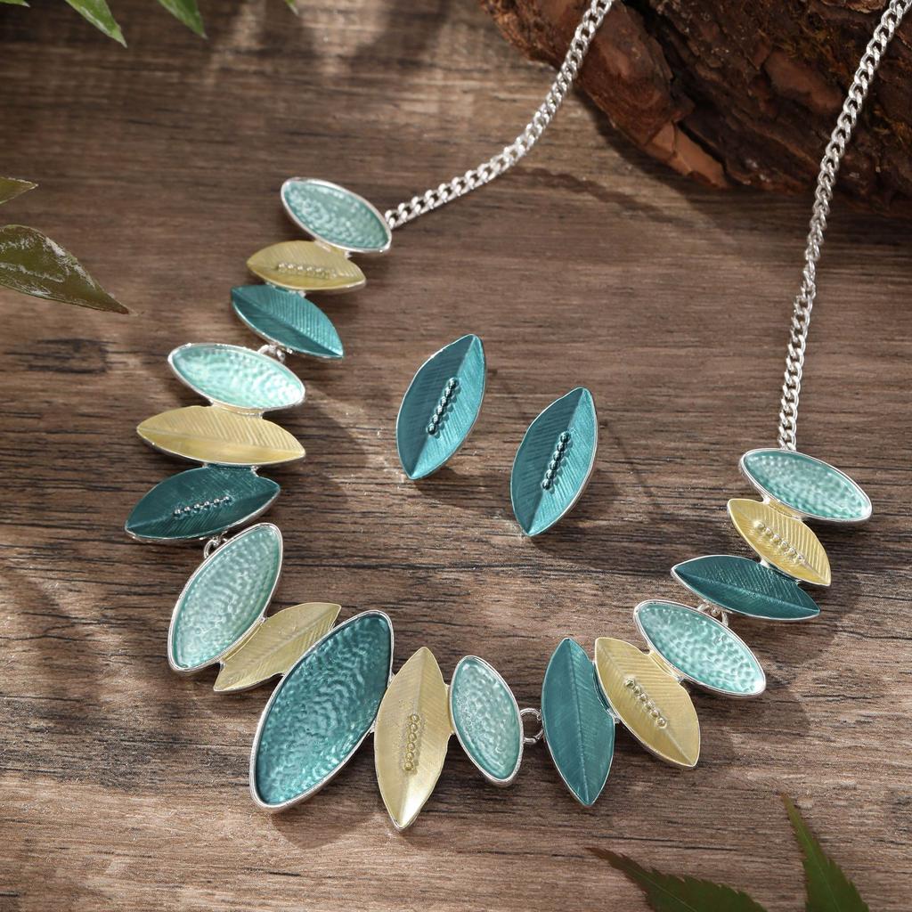 New Color Painting Olive Leaf Stud Earrings Necklace Set, Small Fresh Women's Versatile Neck Chain