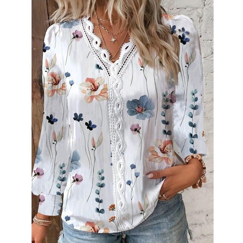 

Элегантная рубашка с длинным рукавом с цветочным принтом 2023, винтажная блузка с v-образным вырезом, женские осенние женские свободные топы с кружевной строчкой 28912 L белый