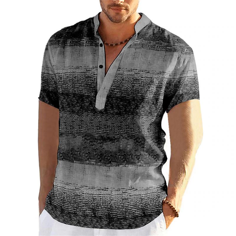Color Block Striped 3D Print Henley Shirts Men's Fashion Vintage Button Stand Collar Short Sleeve T Shirt Tees Tops Man Clothing