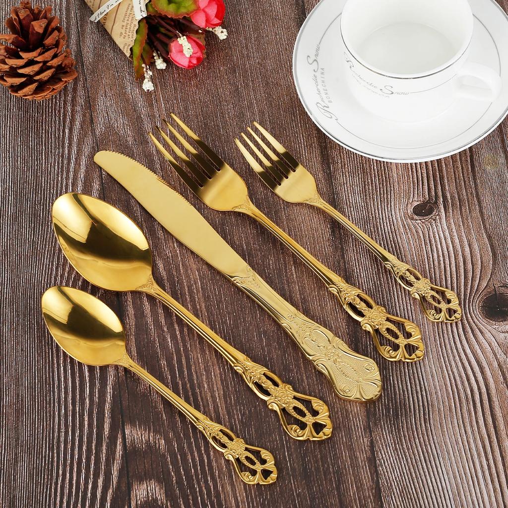 40PCS Gorgeous Retro Royal Flatware Set Stainless Steel Gold Silverware Set Vintage Embossed Kitchen Utensil Kit with Fork Spoon