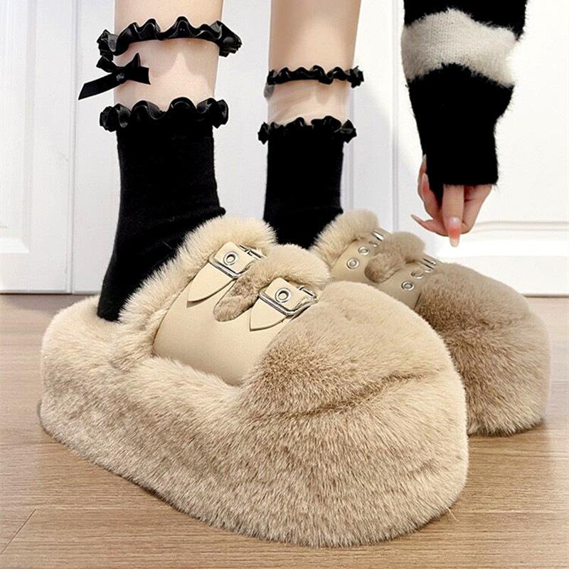 7 cm niche design thick-soled fluffy slippers for women to wear 2025 autumn and winter new bag head plush cotton shoes