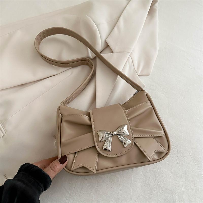 Stylish Modern Bowknot Chain Mini Shoulder Handbag For Women In Black White Pink Khaki Silver Brown