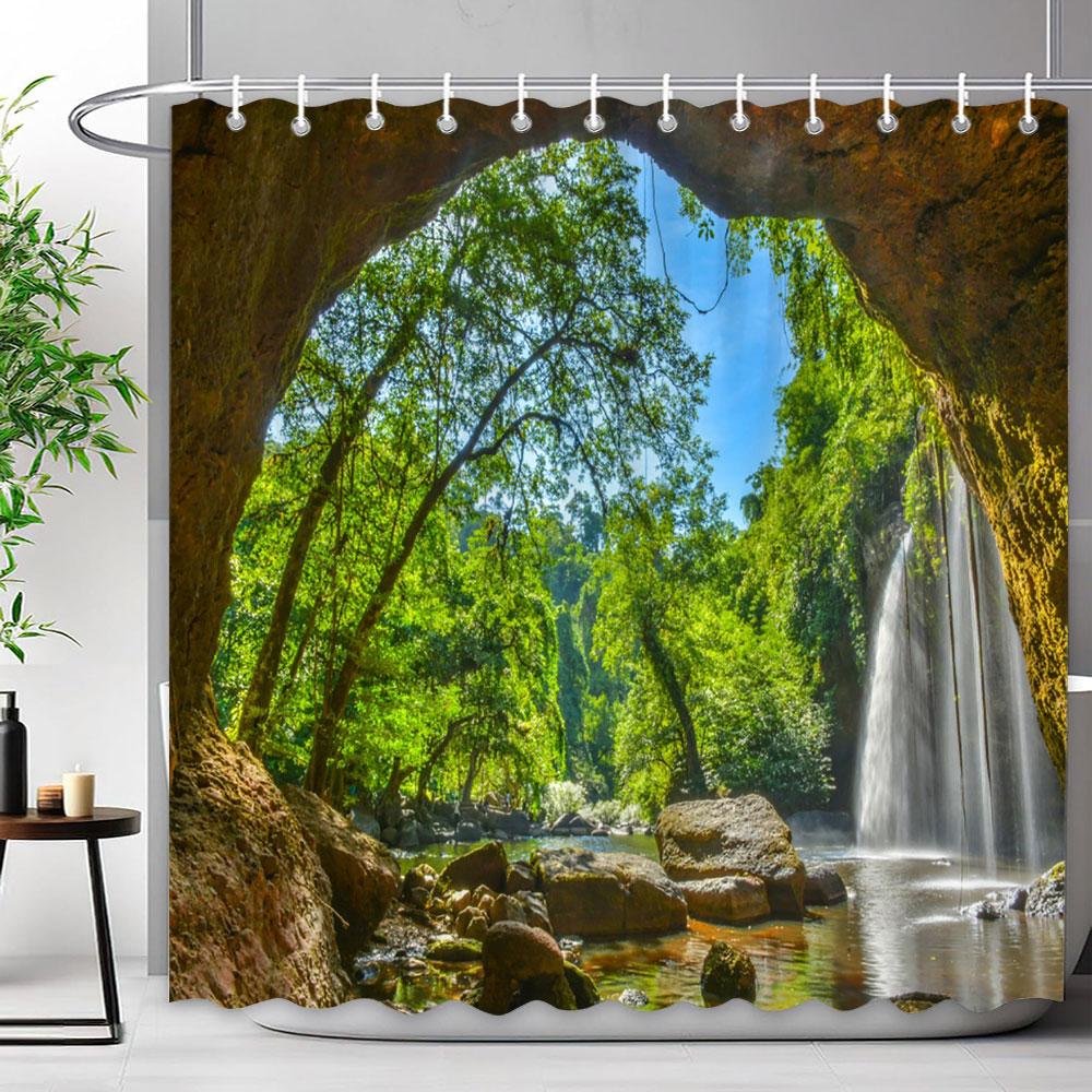 Outdoor Scenic Forest Shower Curtain With Hooks Green Plant Tree Waterfall Landscape Waterproof Shower Curtains Bathroom Decor