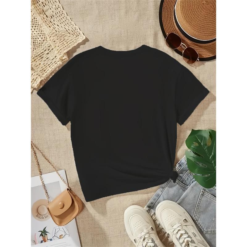 European Sizes Girls' Daily Comfort Short Sleeve T-Shirt with Panda & Heart Print, Trendy Casual Round Neck Tee for Spring and Summer