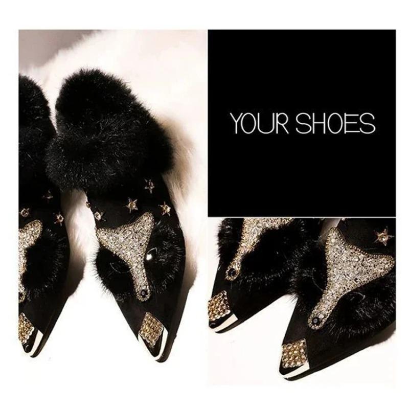Dámské kotníkové boty Křišťálová hlava lišky Dámské boty Zimní móda Kovová špička Nadýšený plyš Vysoký podpatek Dámská svatební párty obuv