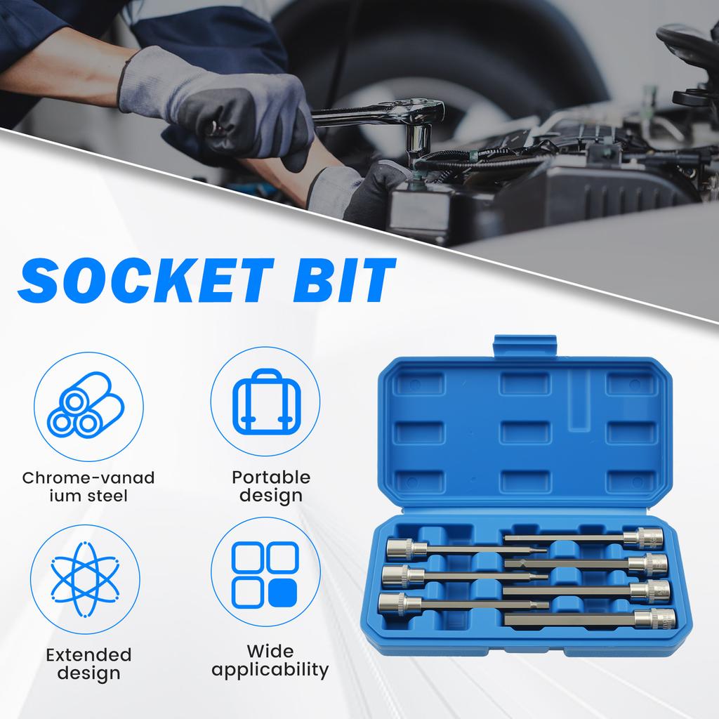 7 Pcs Hexagonal Bit Socket Set Alloy Steel 3/8 Inch Drive Compact Easy To Identify Extra Long Hex Socket Set for Home Repair