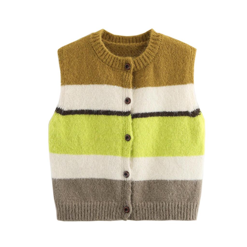 Spring 2025 Women's European & American Striped Cardigan Knit Sleeveless Vest