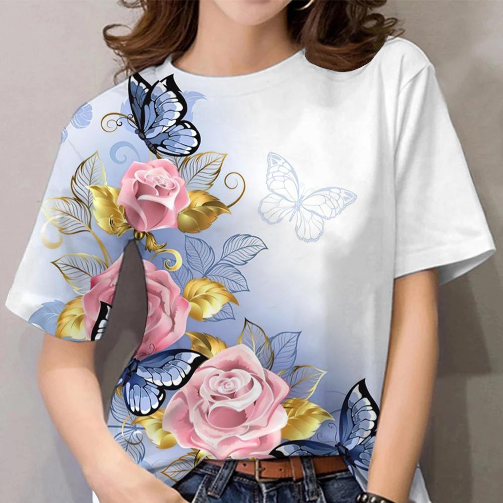 Summer Round Neck 3D Butterfly Flower Pattern Print Top Fashionable Casual Short Sleeved Women's T-shirts