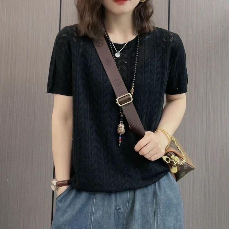 Women s Summer Orange Hollow Out Knit Short Sleeve T-shirt Casual Crew Neck Top S чёрный