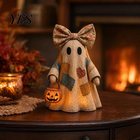 Warm Glow Decoration Light Halloween Lighted Patchwork Ghost Figurine, Light-Up Bow with Pumpkin Vintage Figurine Lantern, Ghosts Lamp for Holiday