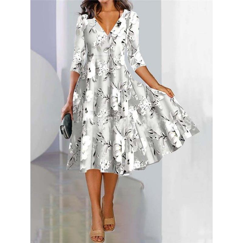 Women's Fashion Spring Fall Flower Pattern Print 3/4 Sleeves V-Neck Middle Waistline Casual Dresses