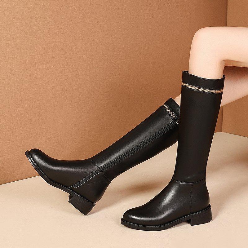 Krazing Pot Cow Leather Autumn Winter Shoes Thick Med Heels Big Size 45 Size 44 Zipper Decoration Women Keep Warm Knee Boots