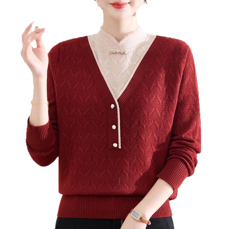 2025 Autumn/Winter New Arrival: Loose Long Sleeve Knit Sweater for Middle-Aged and Elderly Women - Simple, Comfortable Fake Two-Piece Style