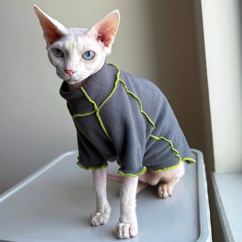 Grey Fleece Long Sleeves Coat for Sphinx Cat In Winter Spring Soft Stain-resistant Coat for Hairless Cat Loungewear for Kittens