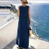 Women Summer Sleeveless Loose Fit Cotton Linen Midi Dress with Crew Neck and Practical Pockets for Casual Daily Wear