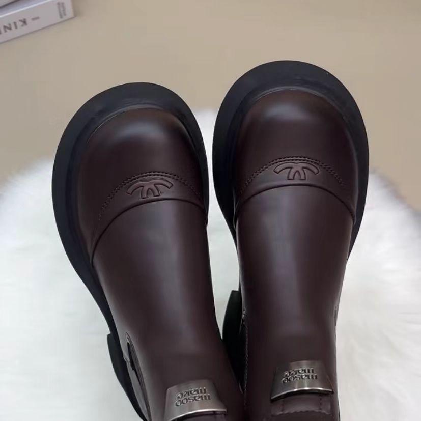 Cizme de piele până la genunchi pentru femei, de toamnă/iarnă 2025, cu căptușeală fleece subțiatoare - Stil britanic Martin Fashion