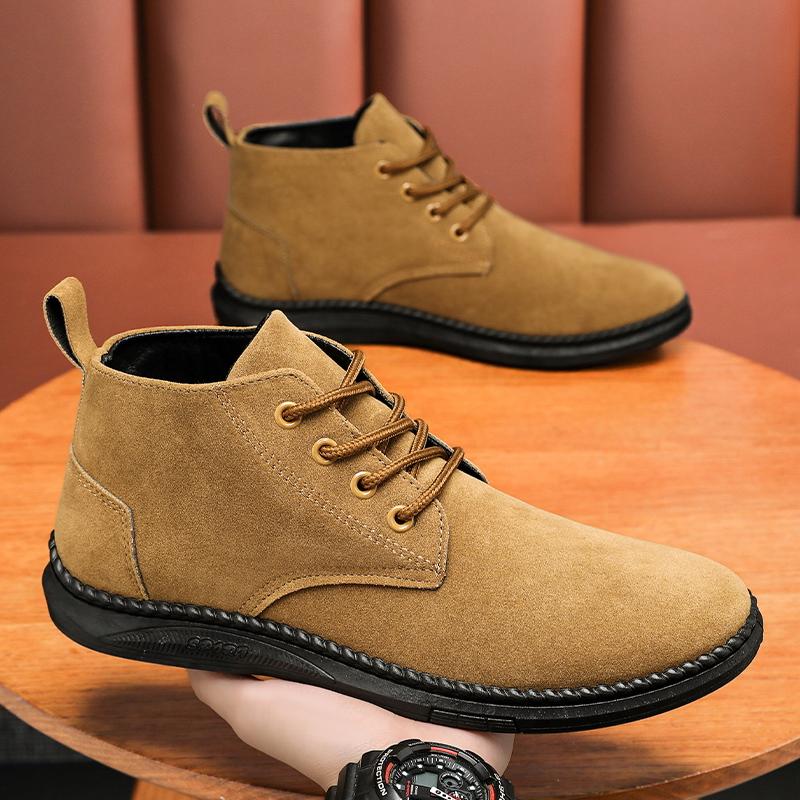 Autumn Spring Men's High Top Casual Board Shoes Men's Lace Up Suede Black Flat Bottom Short Boots Men's Chelsea Boots