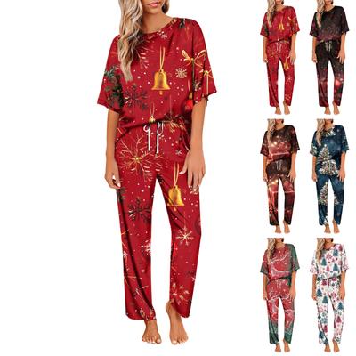 Women's Ice Silk Satin Christmas Print Pajama Set Short Sleeve Shirt And Long Pajama Pants Set Soft Home Clothes