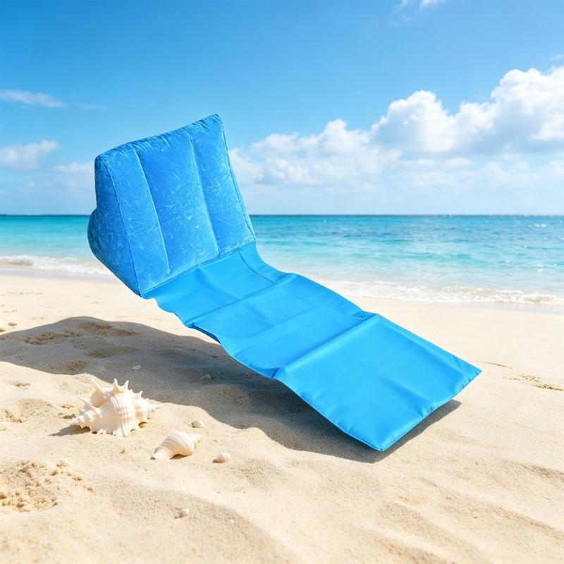 Inflatable Beach Lounges Cushion for Camping Breaks, Fold-Out Backrest Mat with Soft Flocking Leaning Support Pad
