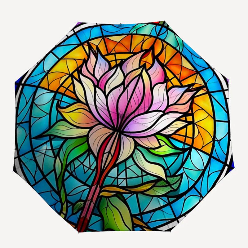 

1pc Lotus StainedGlass Automatic Open/Close Umbrella Compact Folding Umbrella, All-Season Portable Umbrella for Women/Men F1124151