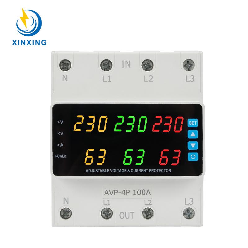 Three-Phase Digital Voltage Protector with 6-Display ATS, Overcurrent Protection, 63A/100A Capacity, 230V.