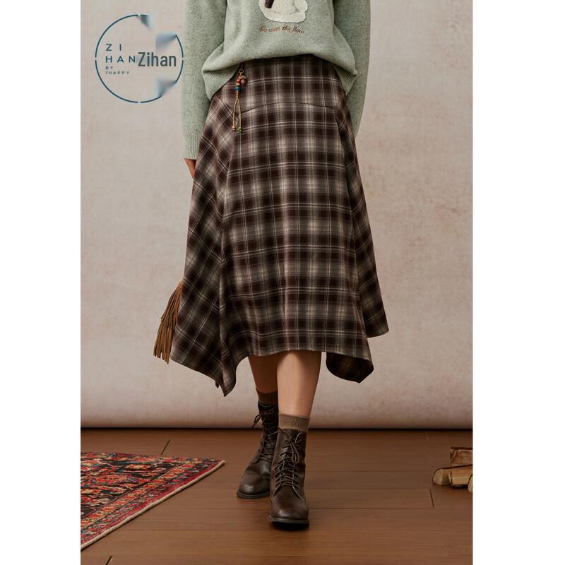 ZIHAN Women's Retro Irregular Plaid A-Line Skirt