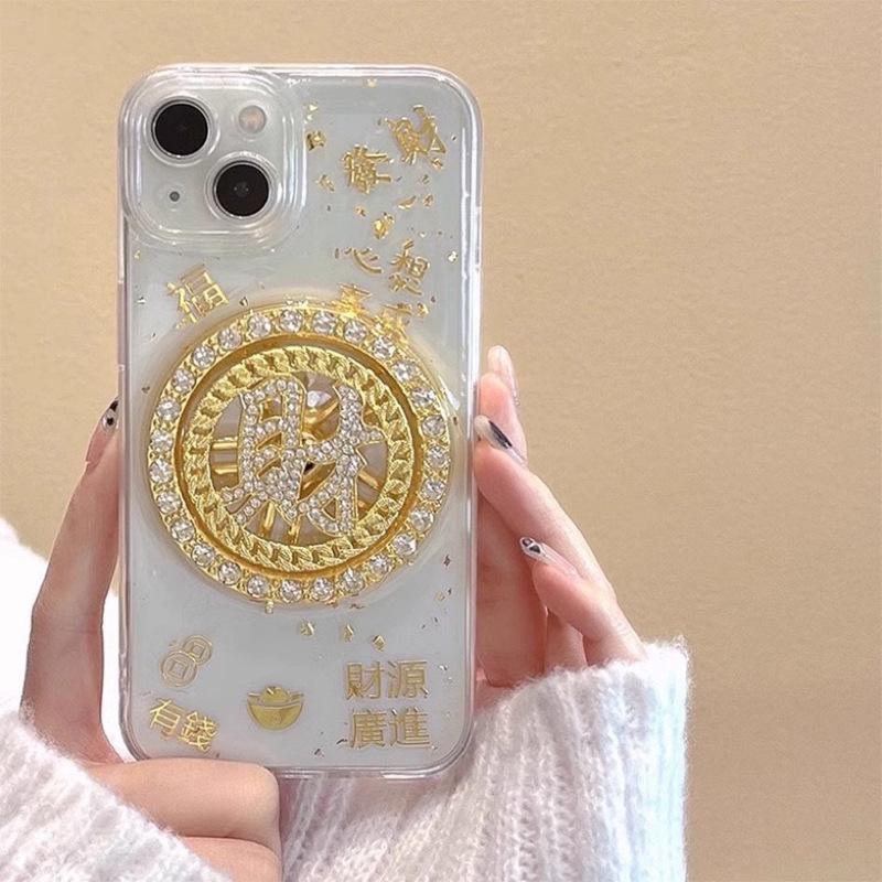For Apple 17promax Rotating Money Phone Case for IPhone 16 Plus Fortune Gold Foil 14 Transparent Dropping Adhesive 15