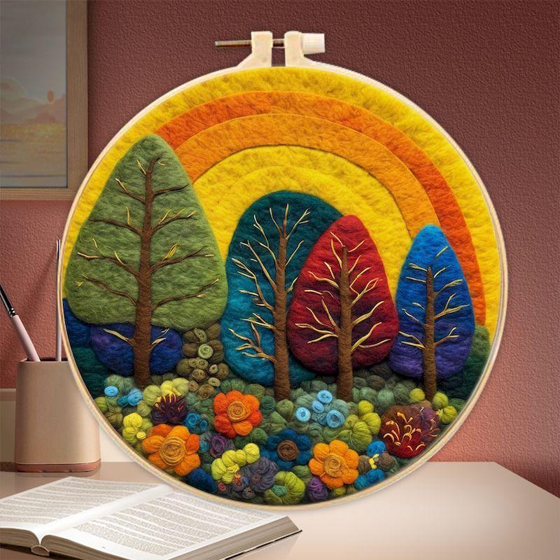 CHENISTORY Wool Felt Painting Diy Creative Making Wool Felt Kit With Embroidery Colorful Scenery Needle Wool Painting Complete K