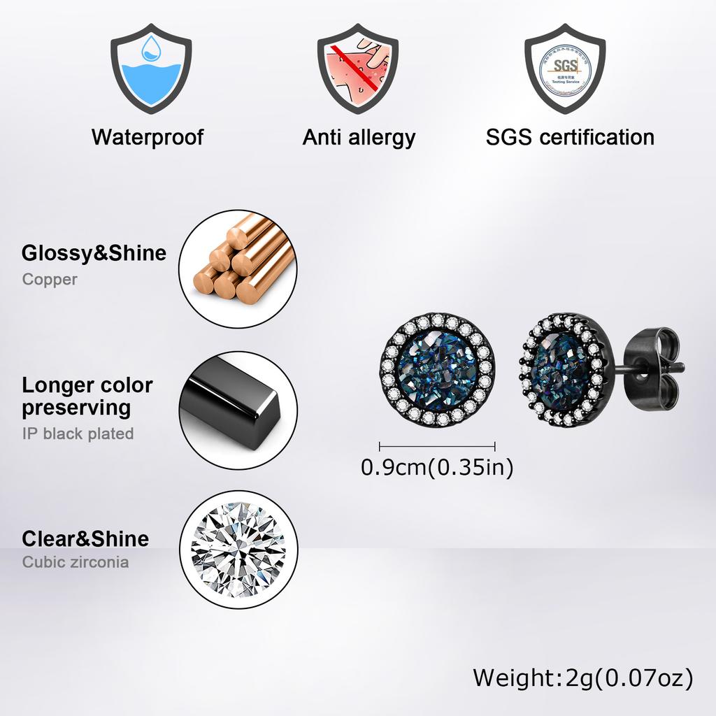 Vnox Round Stud Earrings for Men Women, 9mm Blue/White Zircon Copper Earrings with Butterfly Backs, Punk Hiphop Jewelry Gifts