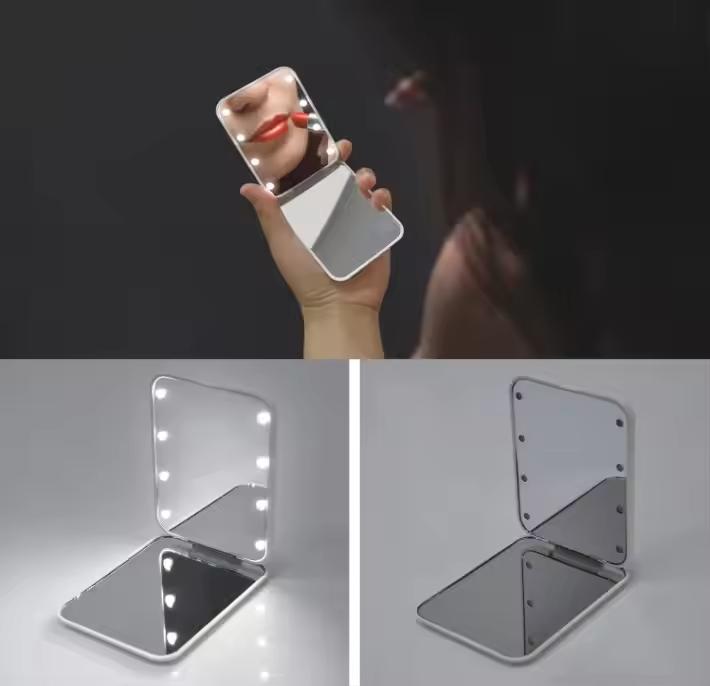 Girl's Gift Promotional 2X Magnifying Plastic Small Pocket Mini Led Lighted Vanity with Mirror for Night Use