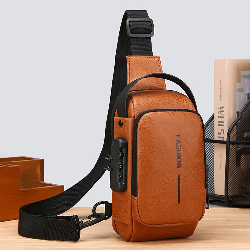 Men's Chest Bag Anti-theft USB Business Messenger Bag Multifunctional Water Repellent Shoulder Bag PU Commuter Backpack Men