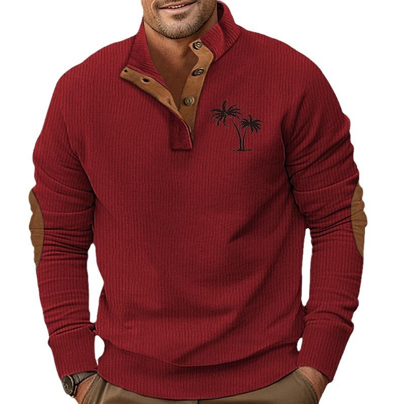 Autumn/Winter Men's Coconut Tree Print Casual Stand-Up Collar Long-Sleeved T-Shirt with Ribbed Corduroy Hoodie