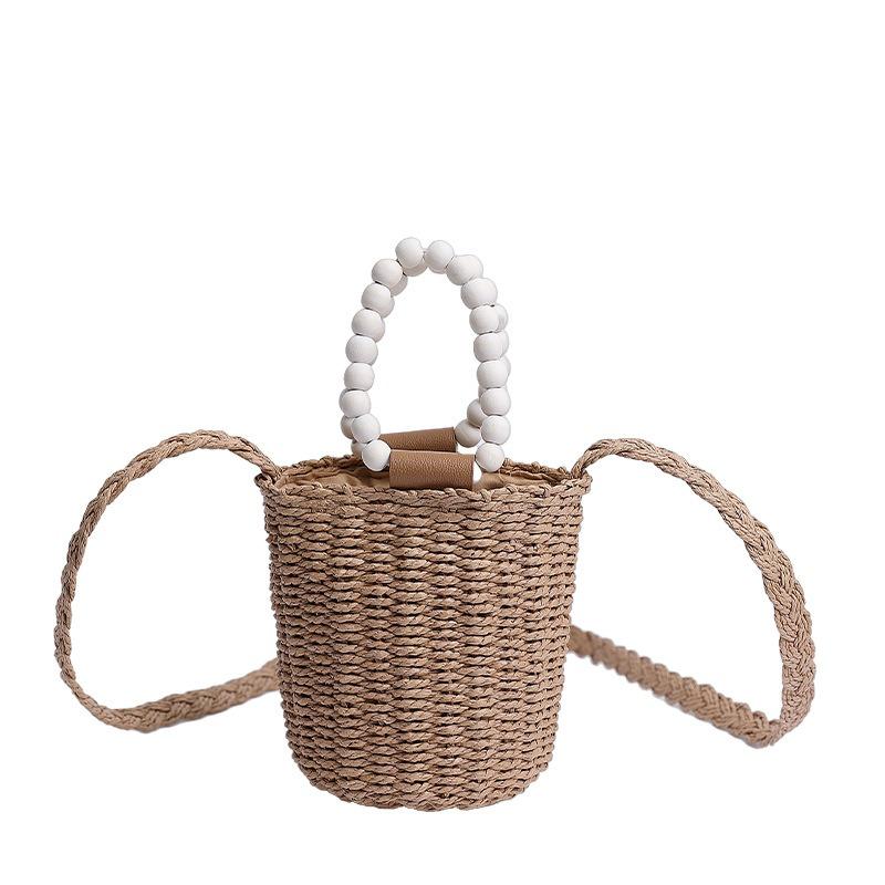 

Summer wooden bead handle vacation travel beach bag solid color simple casual messenger women s small bag straw bag one size fits all хаки