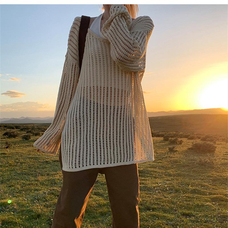 Fashion Loose Long Sleeve Hollow Out Knitted Sweater Women Casual Outer Blouse Thin Hollow Spring Summer Covers Up Long Air-conditioning Shirt Top