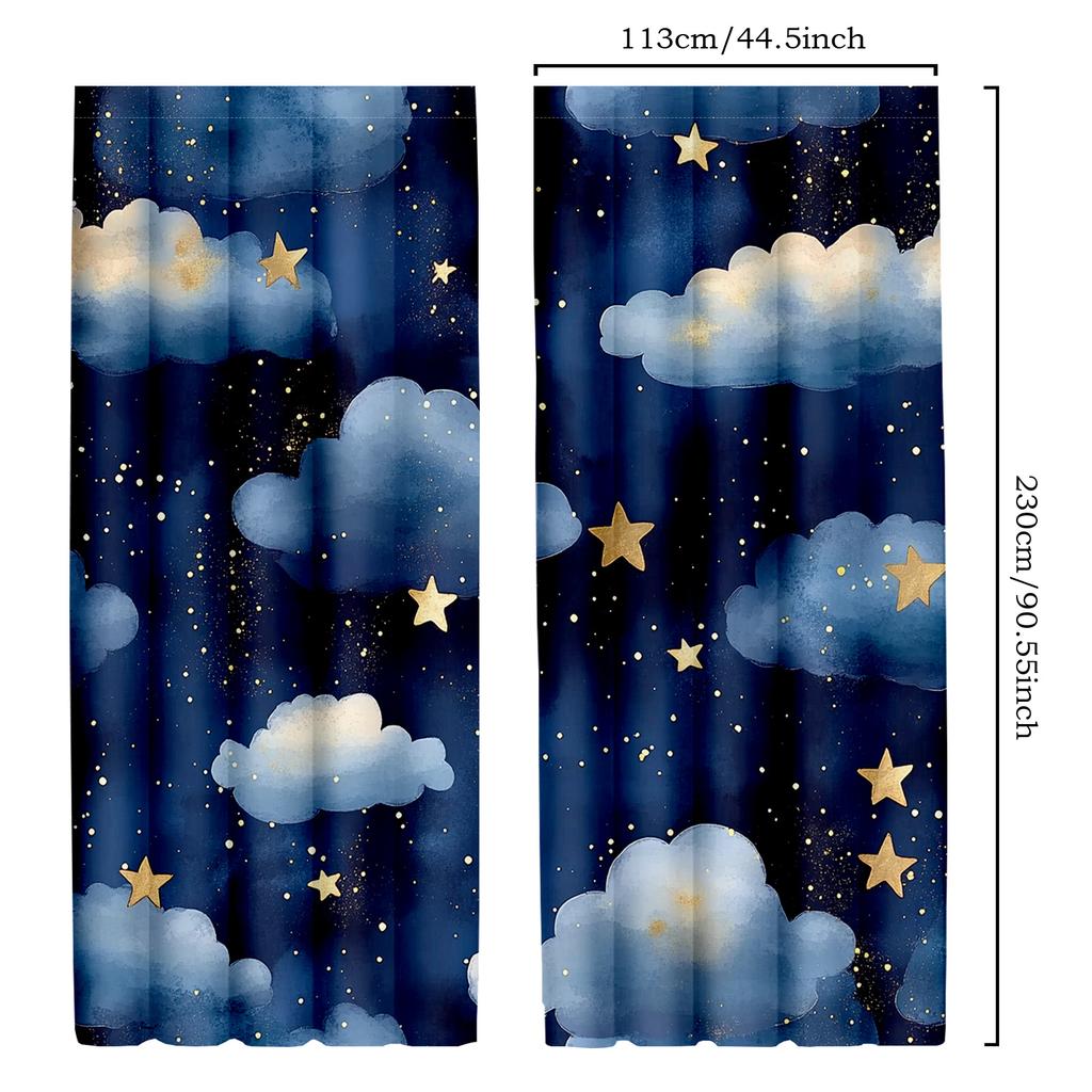 2pcs Classic Style Blackout Curtains   Dark Blue Watercolor Night Sky with Stars   Polyester Drapes for Kids Bedroom Bathroom