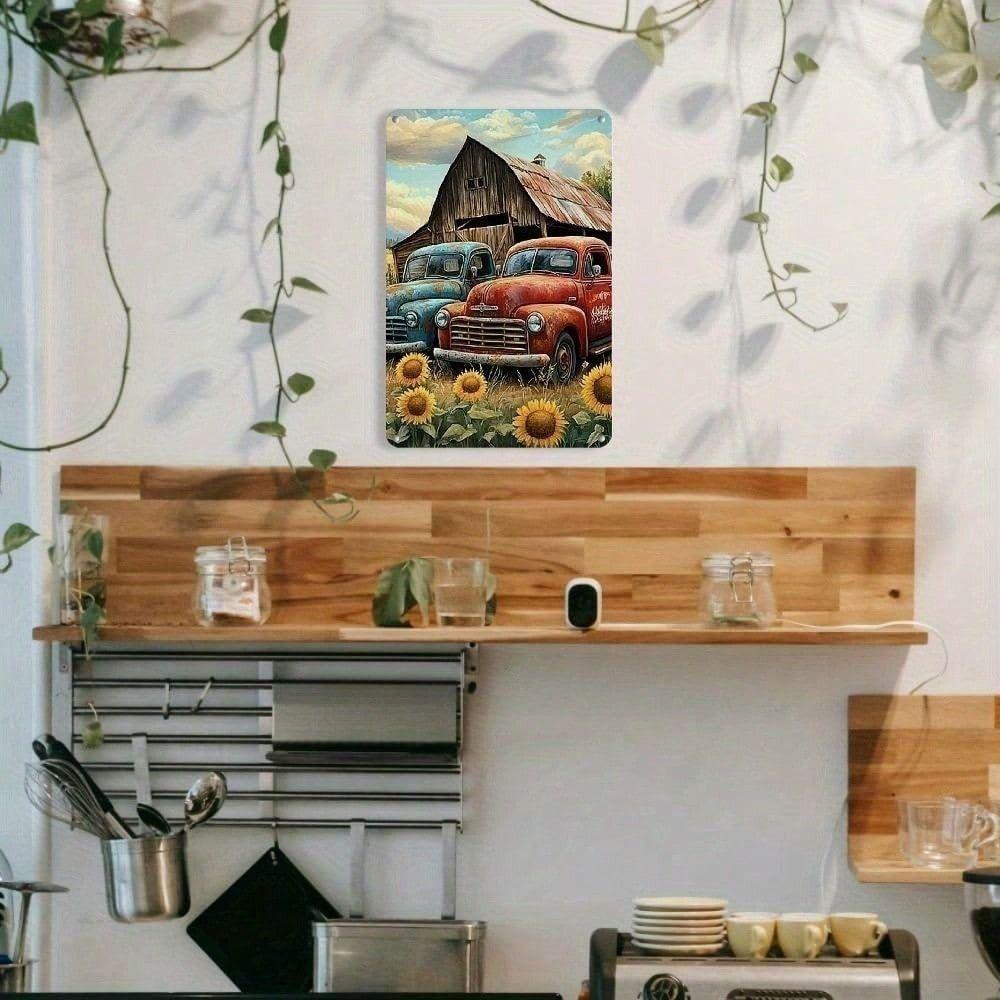 Retro Metal Tin Sign Cow Sunflowers Farmhouse Kitchen Wall Decor 20x30cm