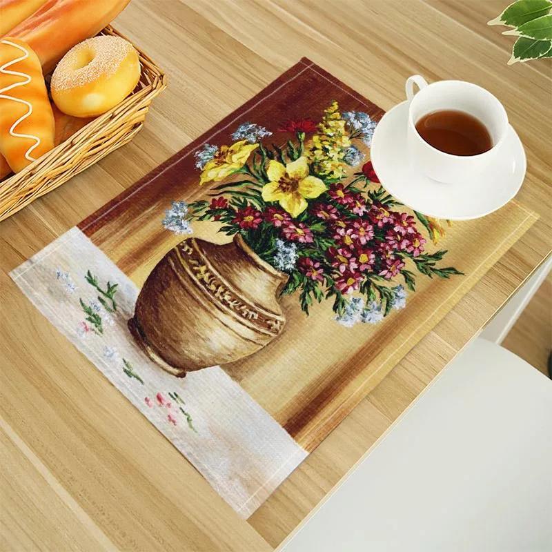 

Oil Painting Bouquet Print Linen Dining Table Mats Alphabet Kitchen Placemat 30X45cm Coasters Pads Bowl Cup Mat 2pcs 30x45cm