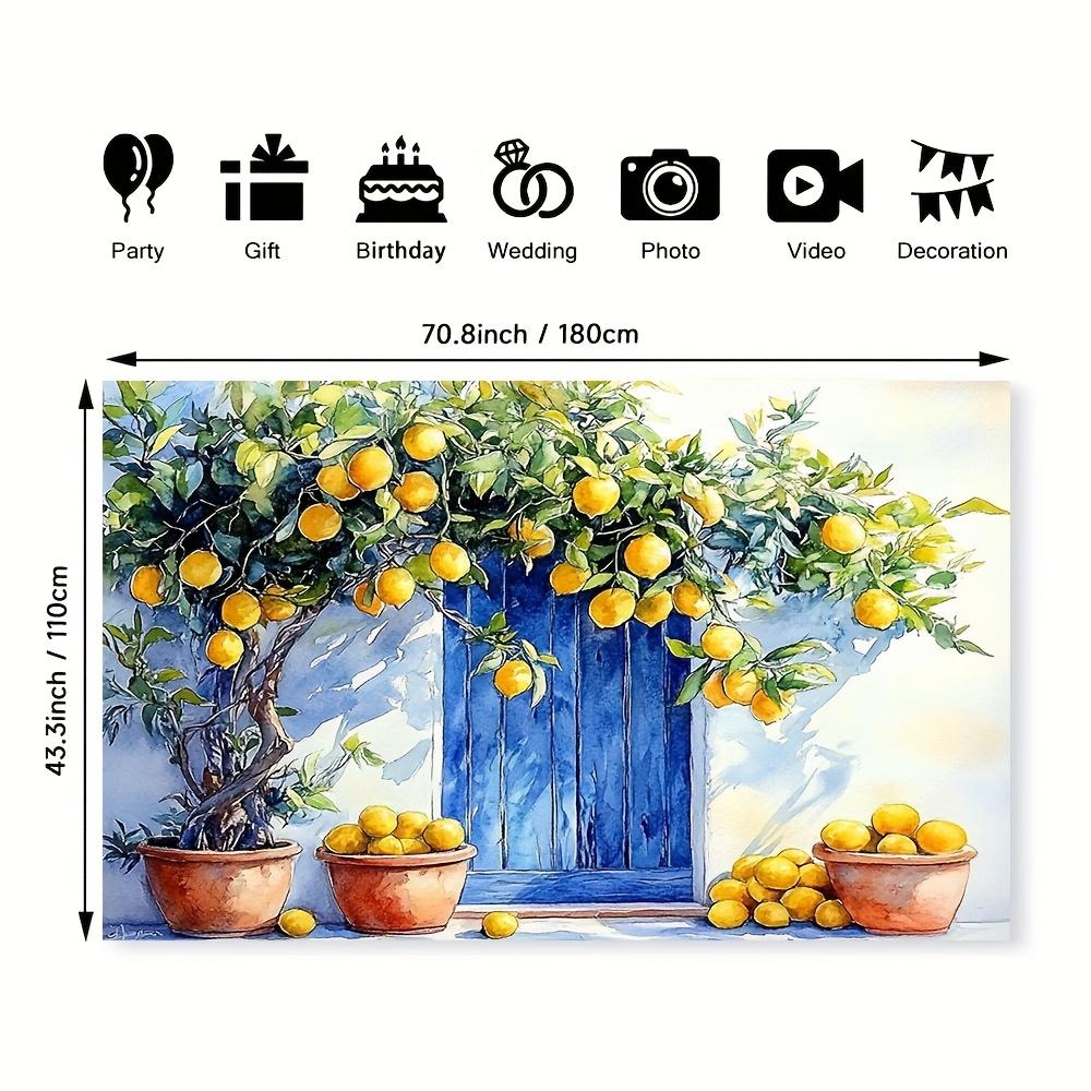 2D flat 1 piece lemon sunshine courtyard print party banner - Bright lemon tree and blue door design
