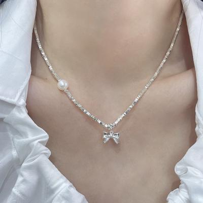 Sweet Bow Pearl Broken Necklace Female Simple High-end Exquisite Collarbone Chain Niche Temperament Trendy