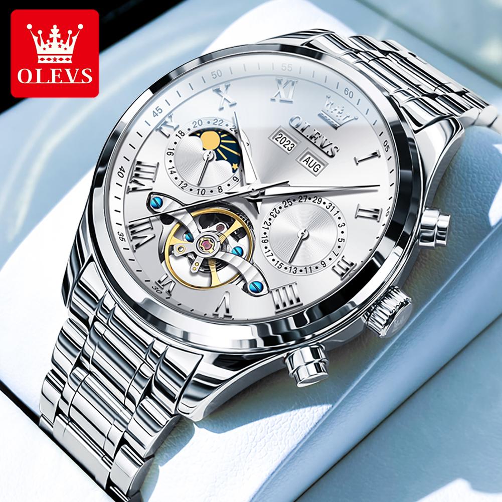 OLEVS 7005 Automatic Man Watch Luxury Skeleton Flywheel Watch 24 Hour Moon Phase Calendar Waterproof Mechanical Men's Watches